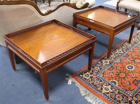 A pair of banded burr walnut square topped coffee tables W.71cm